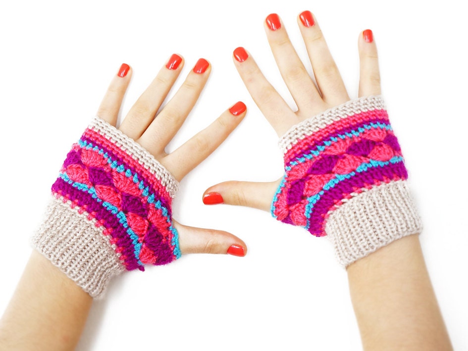 FREE SHIPPING // Handmade Colorful Fingerless Gloves Purple Turqoise Pink Beige