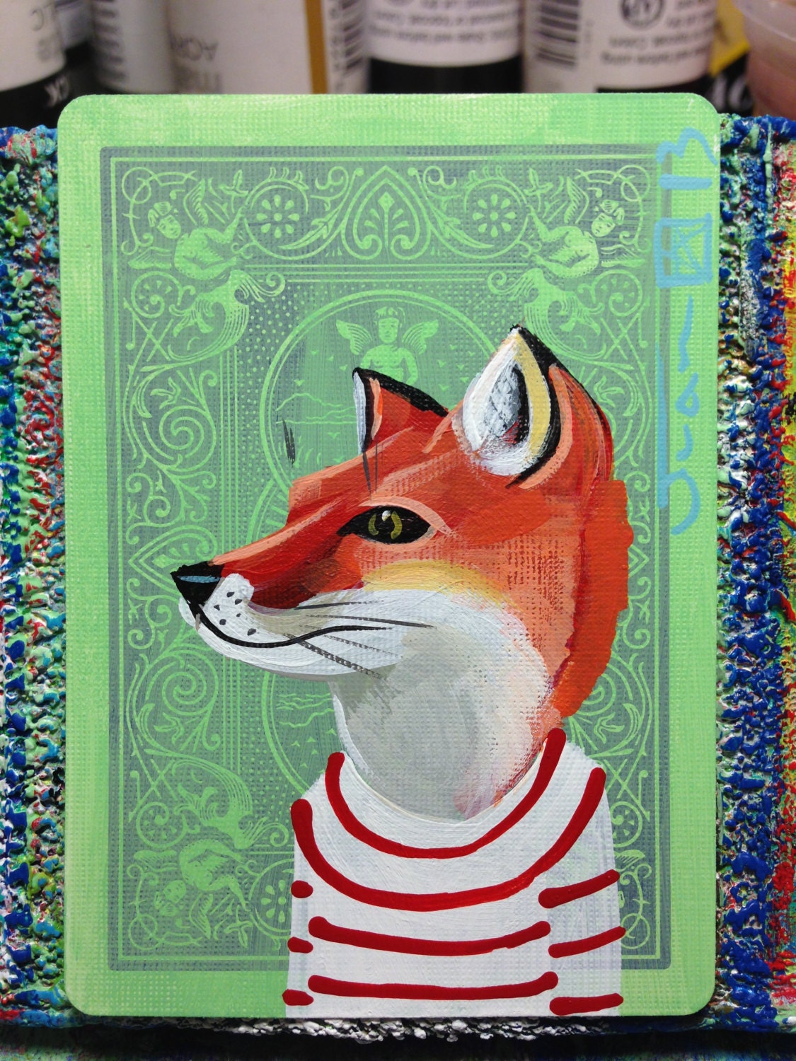 Red Fox portrait N124 on a playing cards. Original acrylic painting. 2013