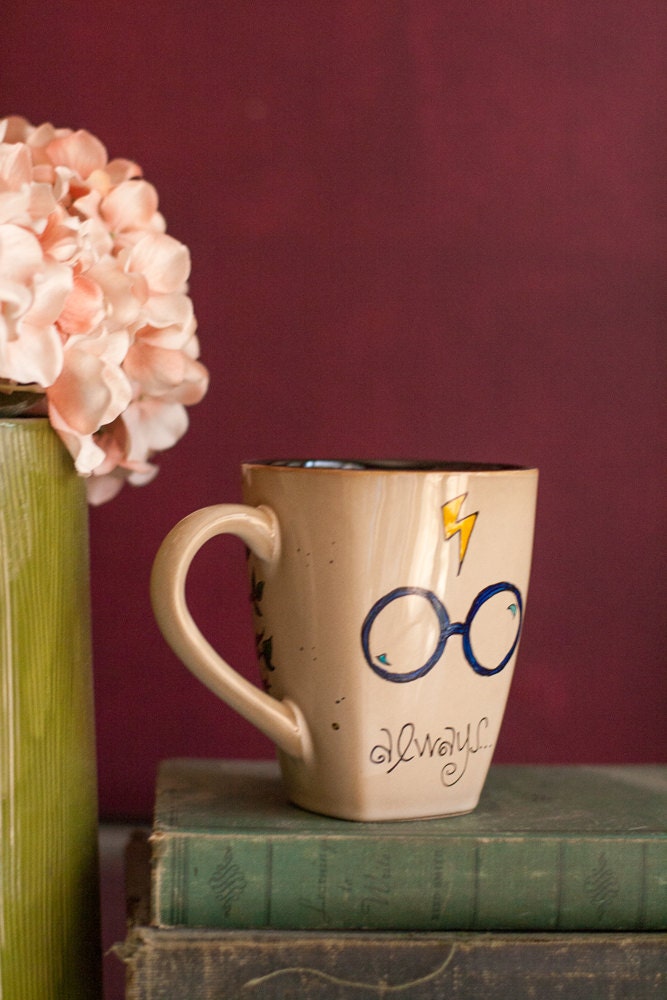 Harry Potter "Always" Literary Quote Mug - Large, antique brown mug with lightning bolt, glasses, and owl