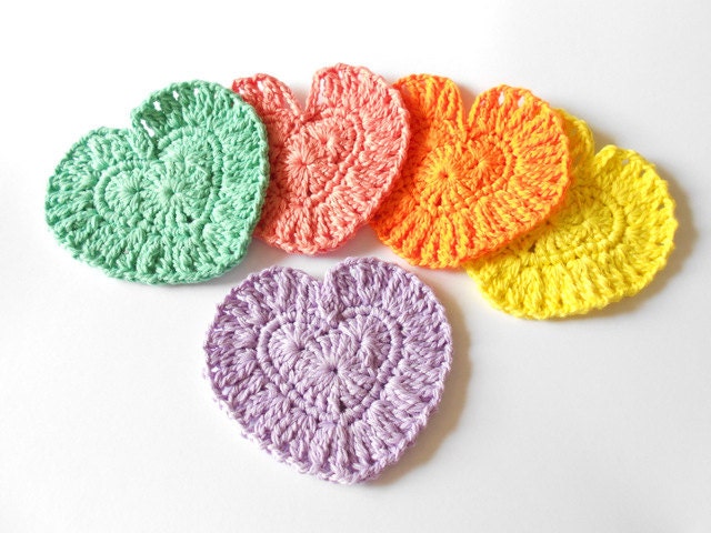30percent off, free ribbon wrap Crochet Heart Coaster Valentine's 4 inches Bright  Orange Yellow Green Purple Coral Cotton Yarn, set of 5 - Chieu