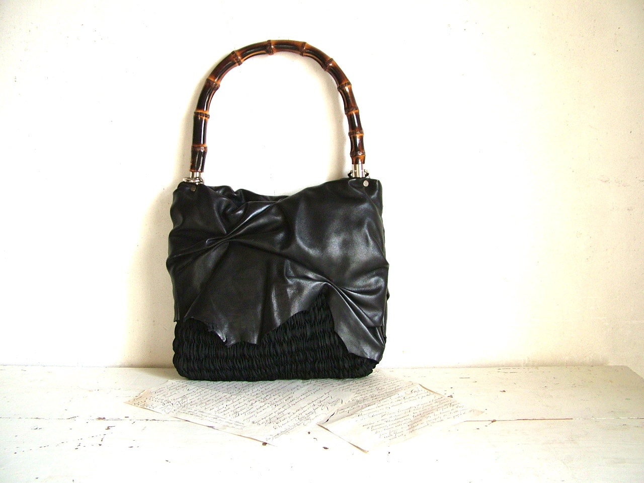 Sophisticated Black Leather Handbag with Pleated Handwoven Finish.  Made to Order.