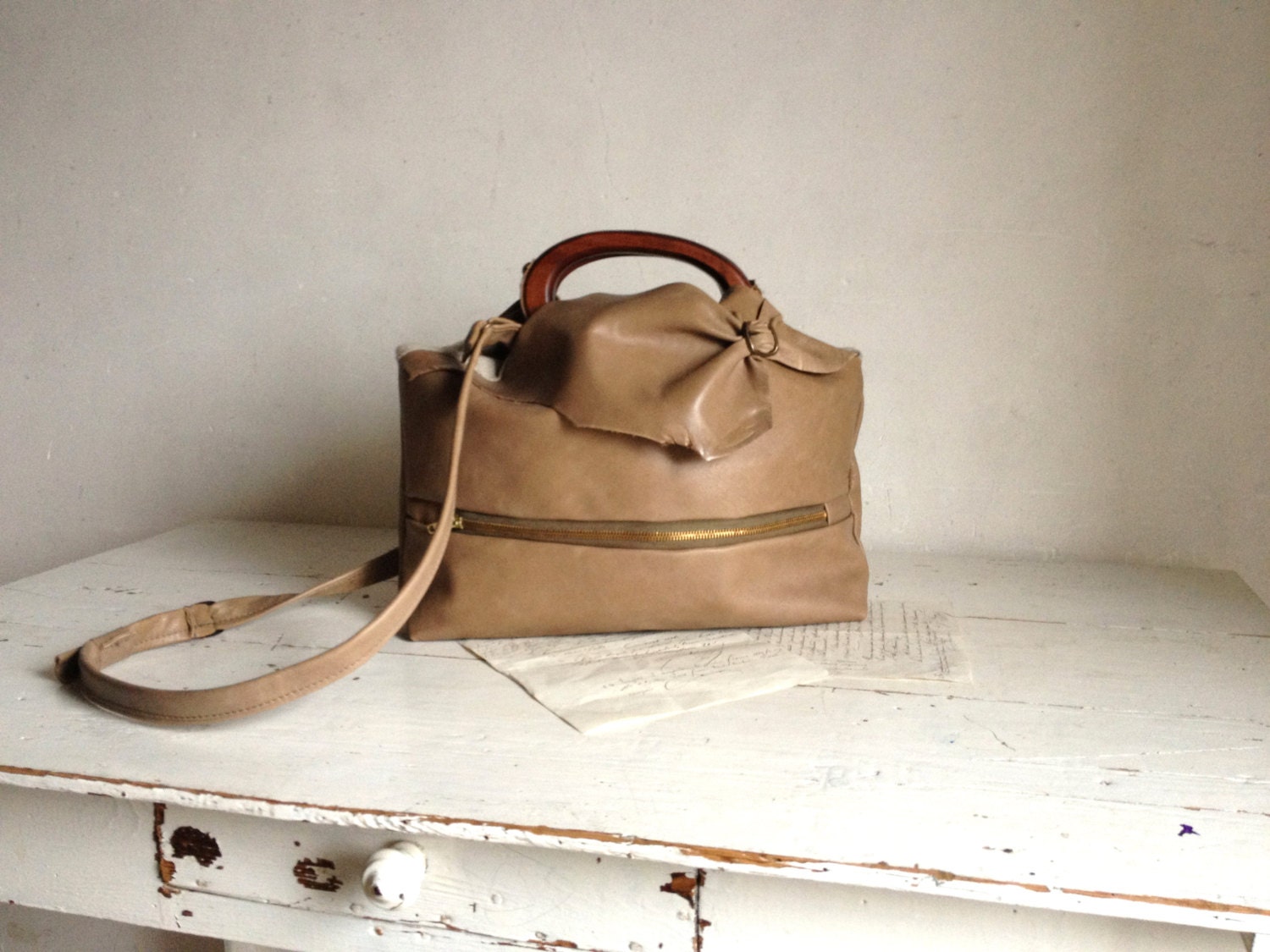 Khaki Leather Handbag with Boho Military Style - Made to Order.  Available in Caramel also