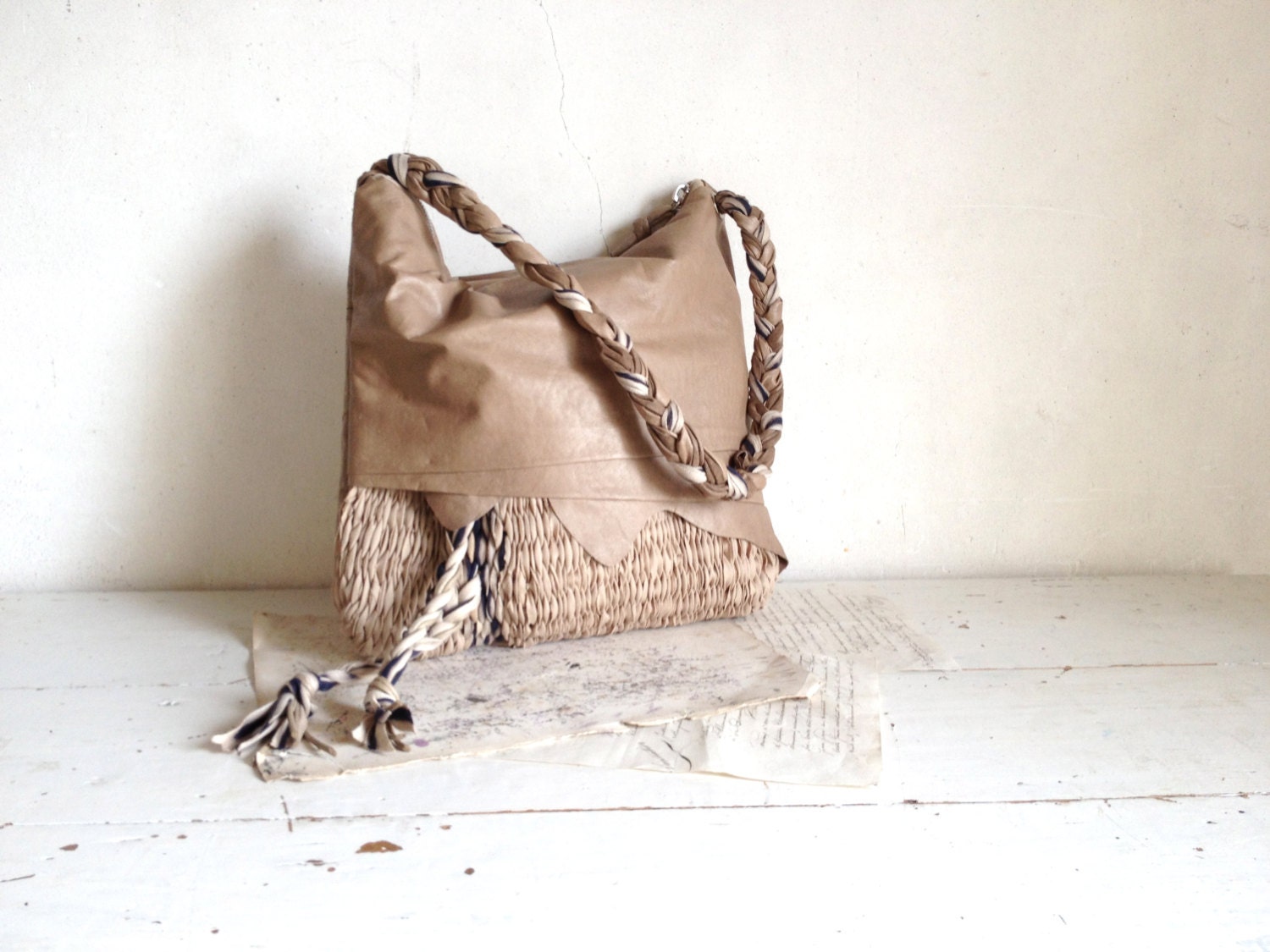 Woven Shoulder Bag with Sand Leather and Beige Handweave. Plaited Stripe Details. Handmade to Order.  Available in White also.