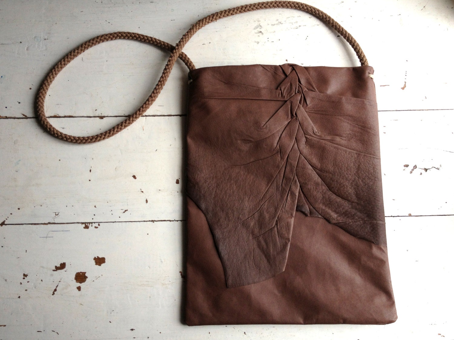 Chocolate Leather Tote with Pleated Detail and Rope Strap - Ready to Ship