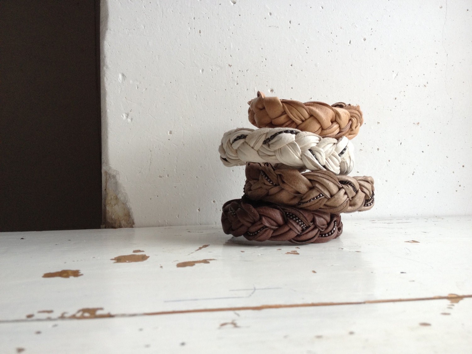 Boho Bracelets in Braided Leather and Beading. Set of Four.