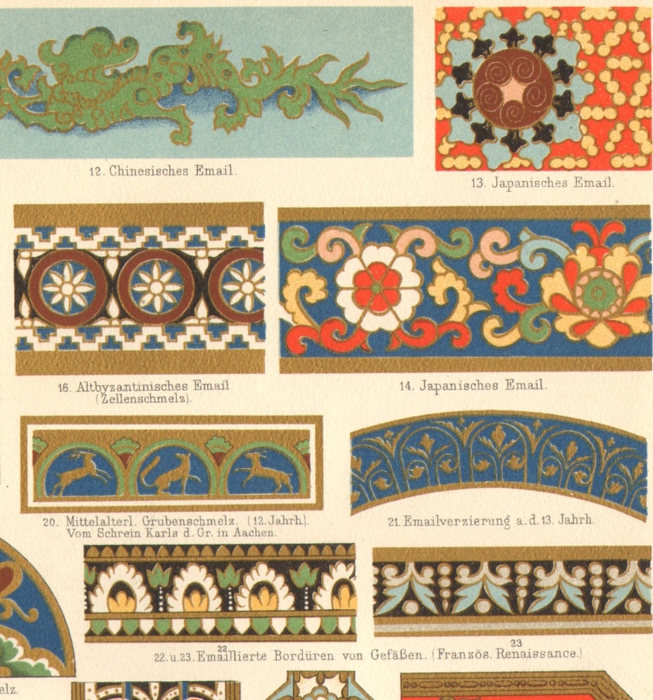 1903 Enameling, Enameled Patterns Original Antique Chromolithograph to Frame
