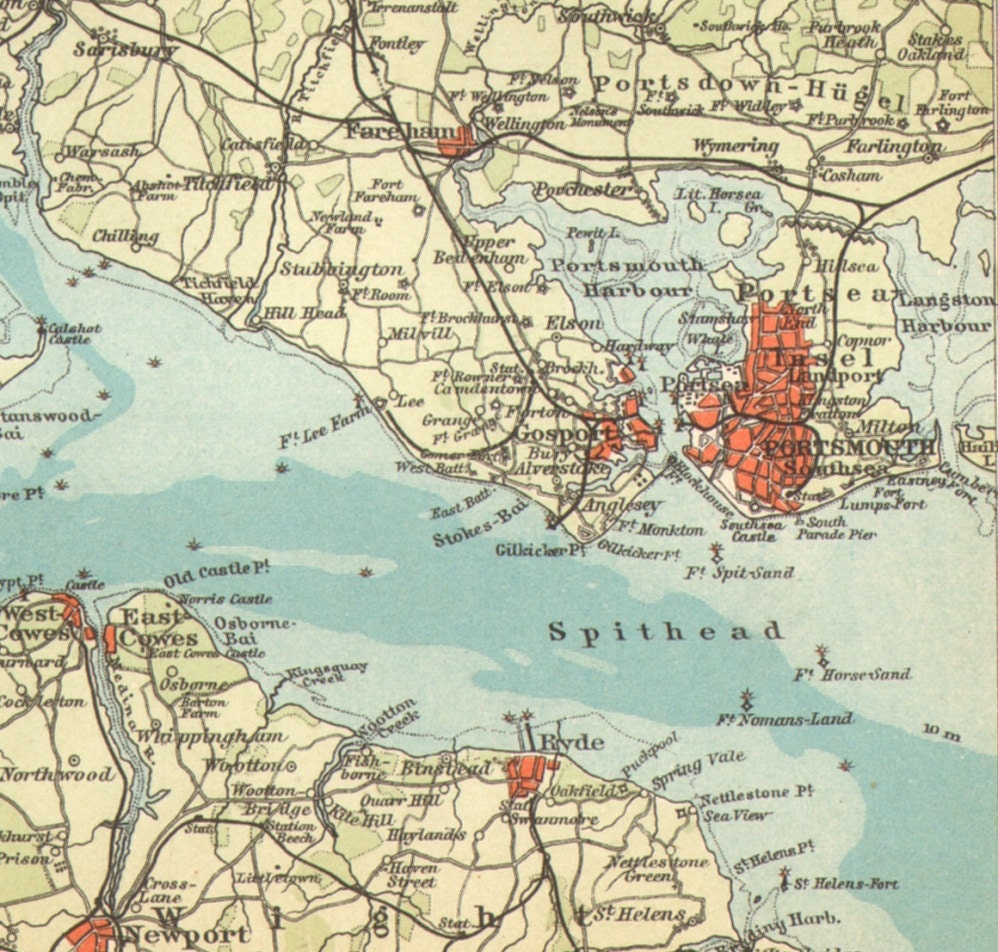 1904 Original Antique Dated Map of Portsmouth and Southampton