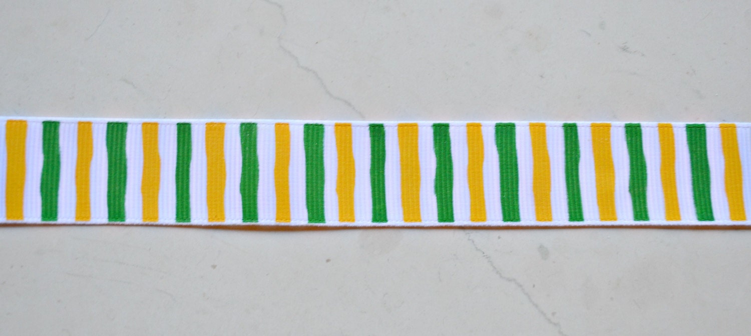 Green and yellow wonky stripes on white 7/8" grosgrain ribbon- St Patricks day Oregon Ducks Il_570xn