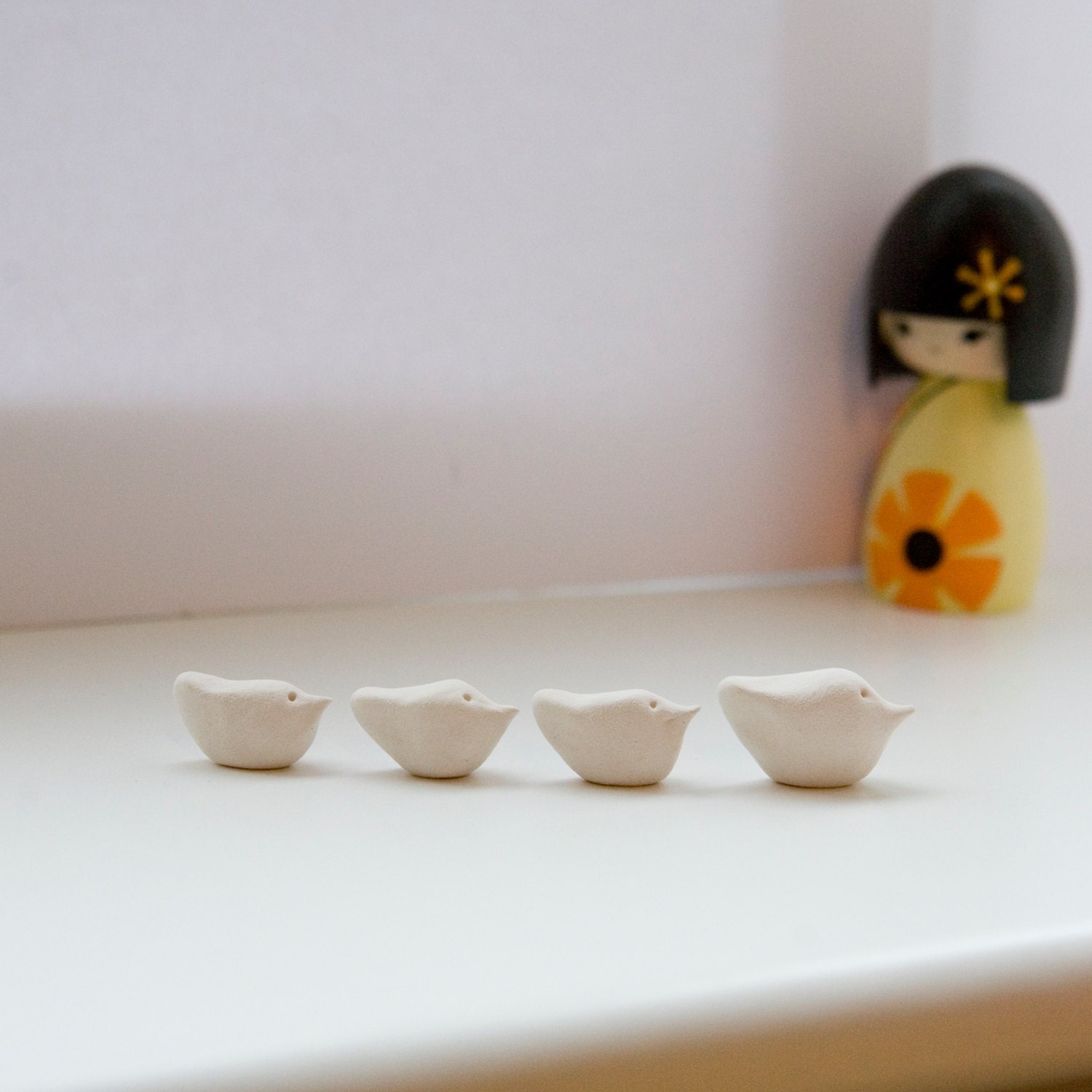 Tiny little miniature bird sculpture family four white ceramic birds