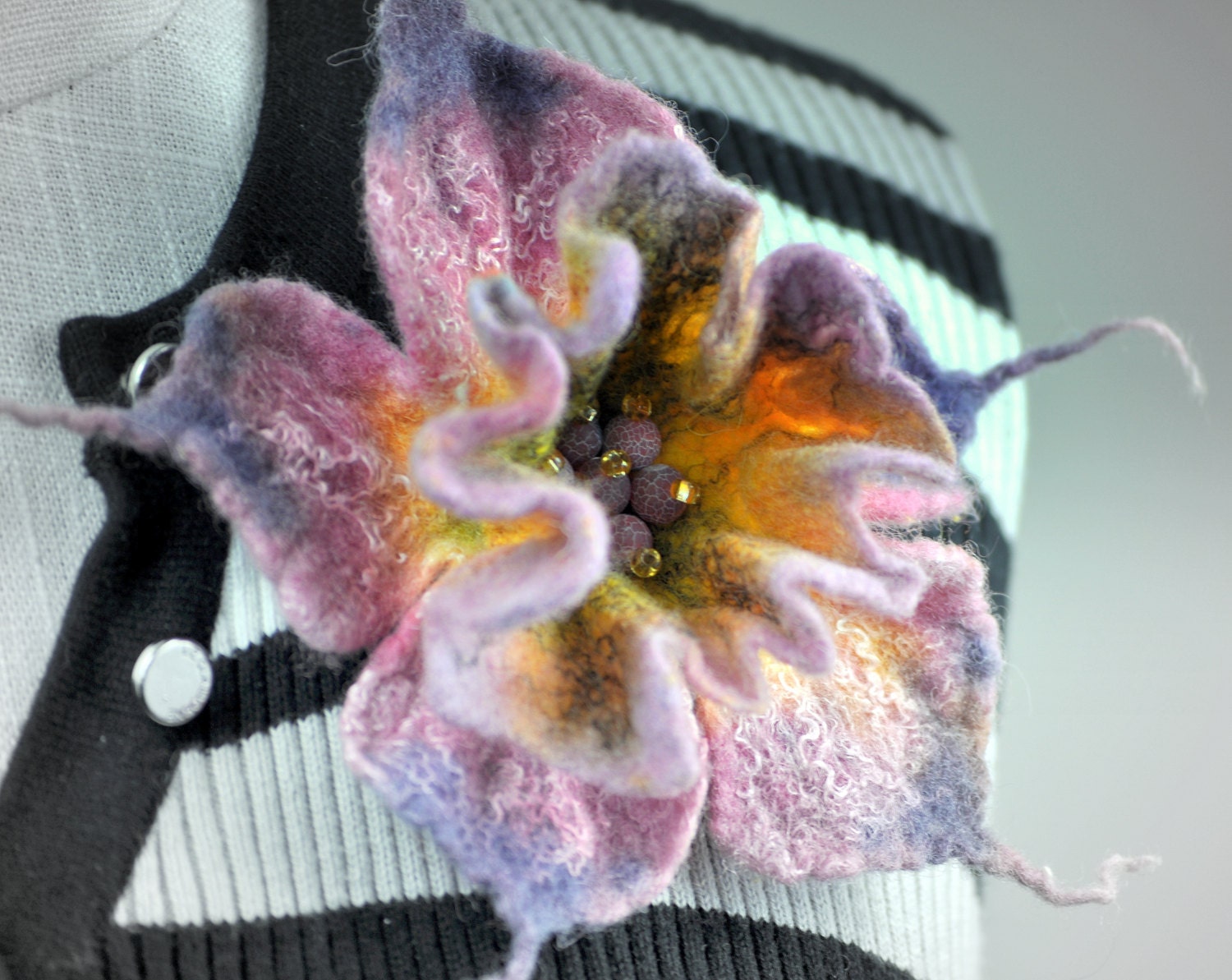 Felted hand-dyed flower brooch, pin  pale pink to purple, yellow center