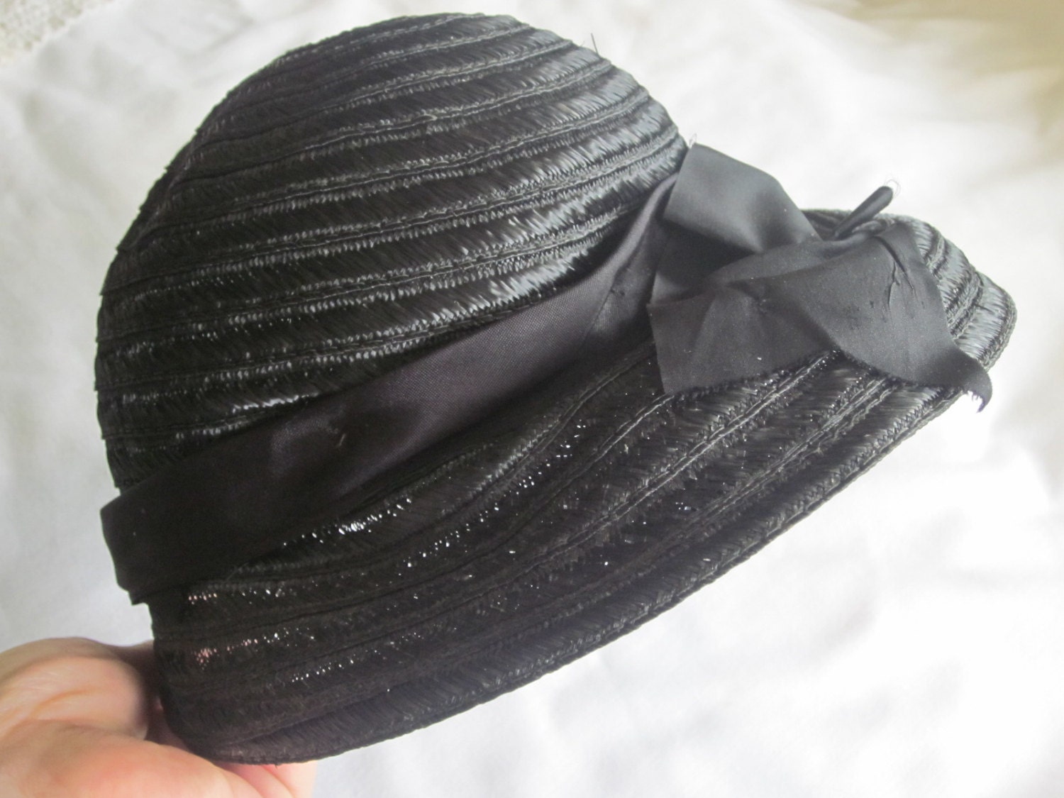 Vintage Black Straw Cloche Hat, Women's, with Black Ribbon Bow, Wearable Style from the '60s