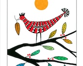 10" x 8" Art Illustration Print Red Bird Tree Leaves Colorful Red Green Black Stylised Whimsical Graphic
