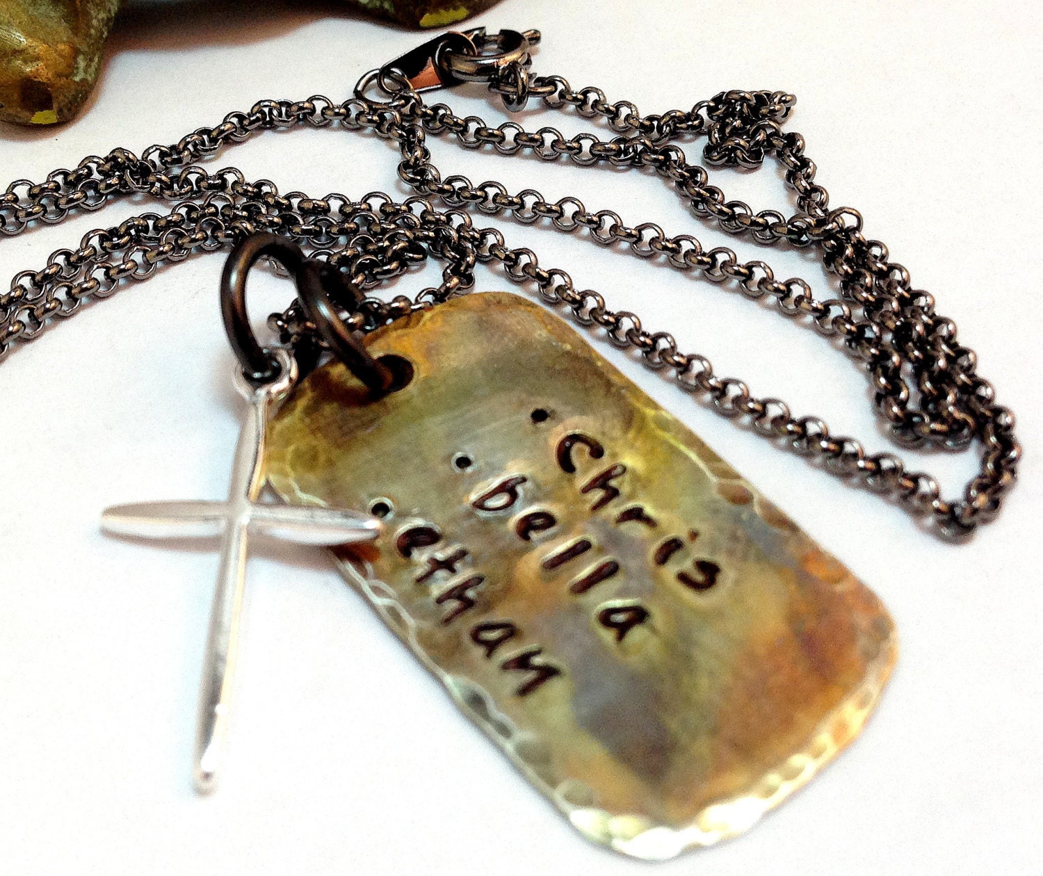 Fathers Day Gift - Personalized Mens Jewelry - Metal stamped silver dog tag jewelry, Engravable charms, necklace hand stamped cross necklace