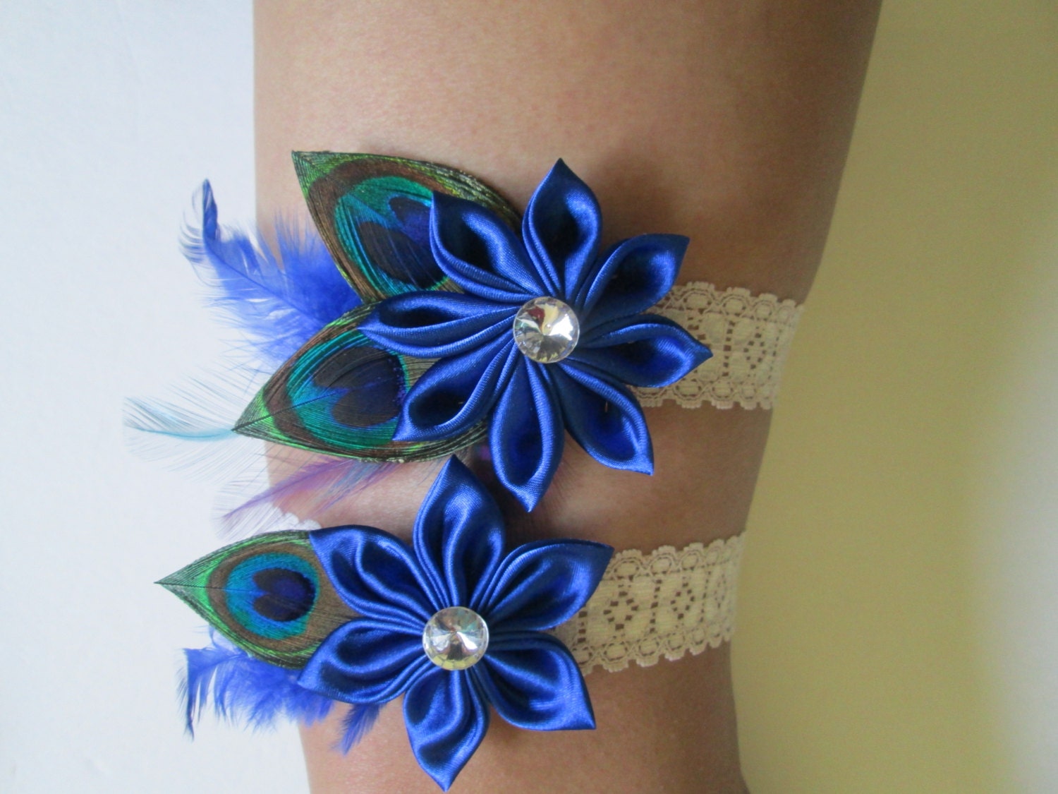 Wedding Garters, Heirloom Garters, Ivory Stretch Lace Garters, Ivory Lace Garters, Royal Blue Garters, Peacock Garters, Kanzashi Flower