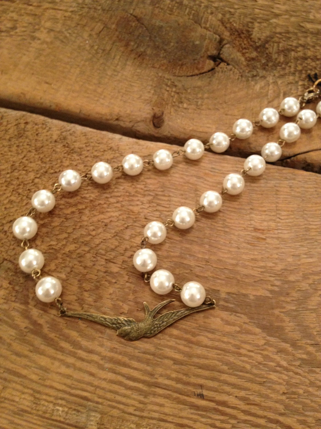 Vintage pearl and bronze bird necklace 