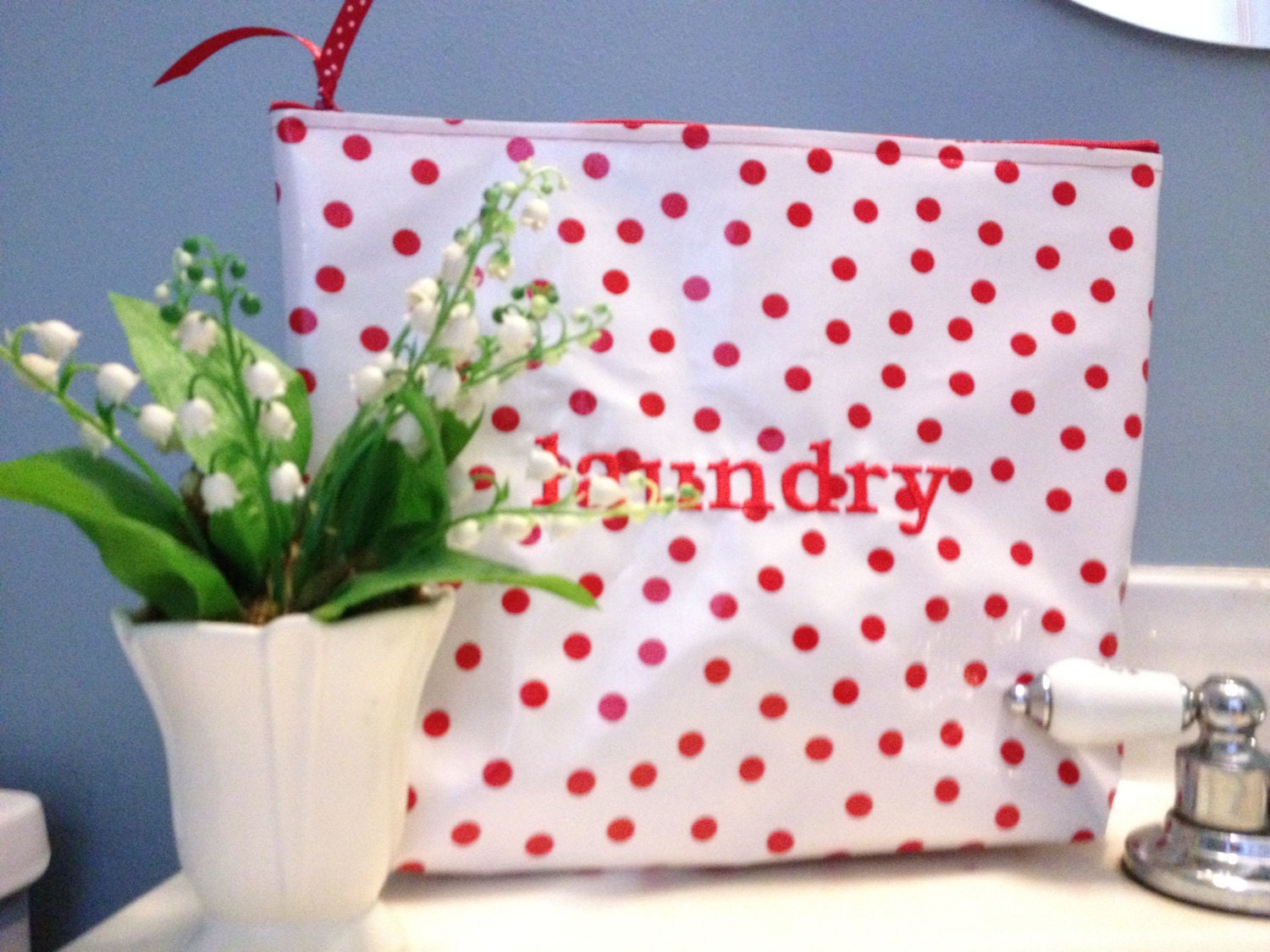 Large Waterproof Cosmetic Bag or Wet Bag or Laundry Bag of Oilcloth with Monogram in Red Polka Dots with a Red Toile Interior