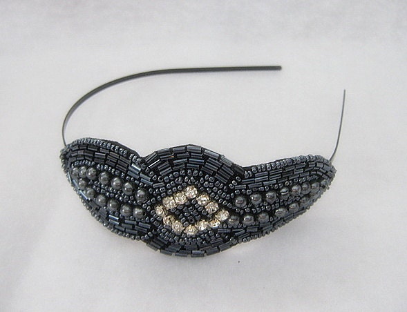 Dark Blue Gray Gunmetal Crystal Rhinestone Beaded Asymmetrical Art Deco Headband, READY TO SHIP