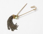 Embellished Safety Pin - Oversized brass pin with a peridot Swarovski stone and chain tassel