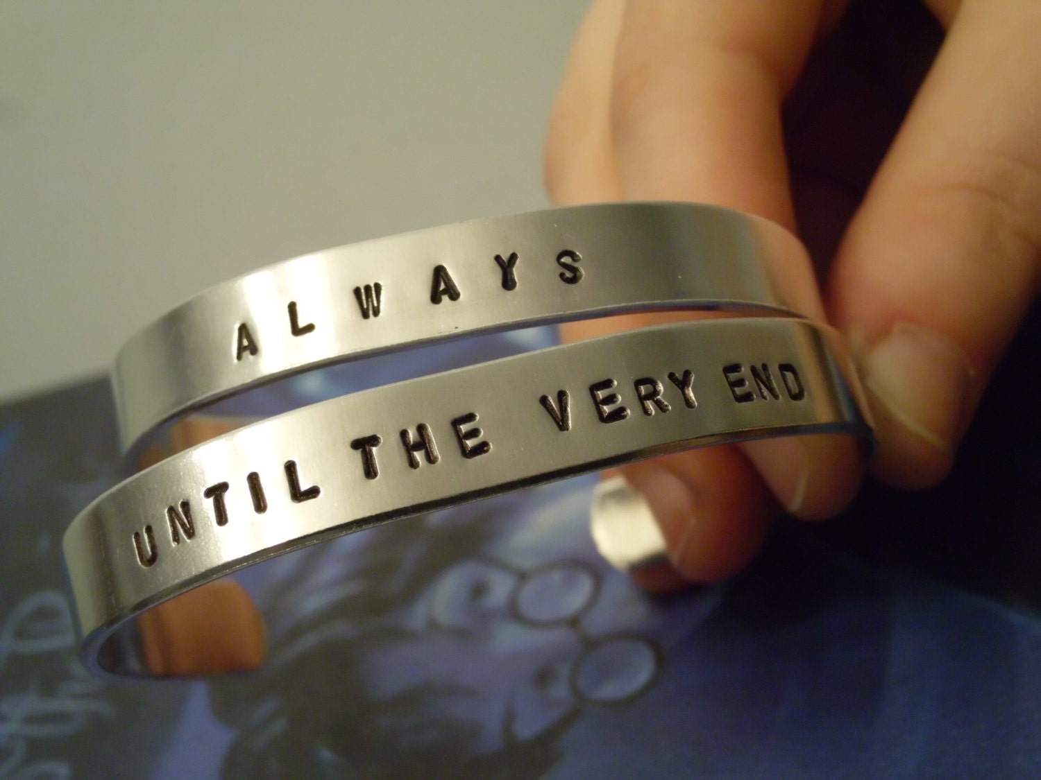 Always & Until The Very End Silver Aluminum Cuff Bracelet Set  -  Harry Potter And The Deathly Hallows Inspired Geekery Best Friend Jewelry