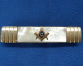 Vintage MASONIC TIE CLIP Mother of Pearl with Brass Raised Symbols Made by Anson
