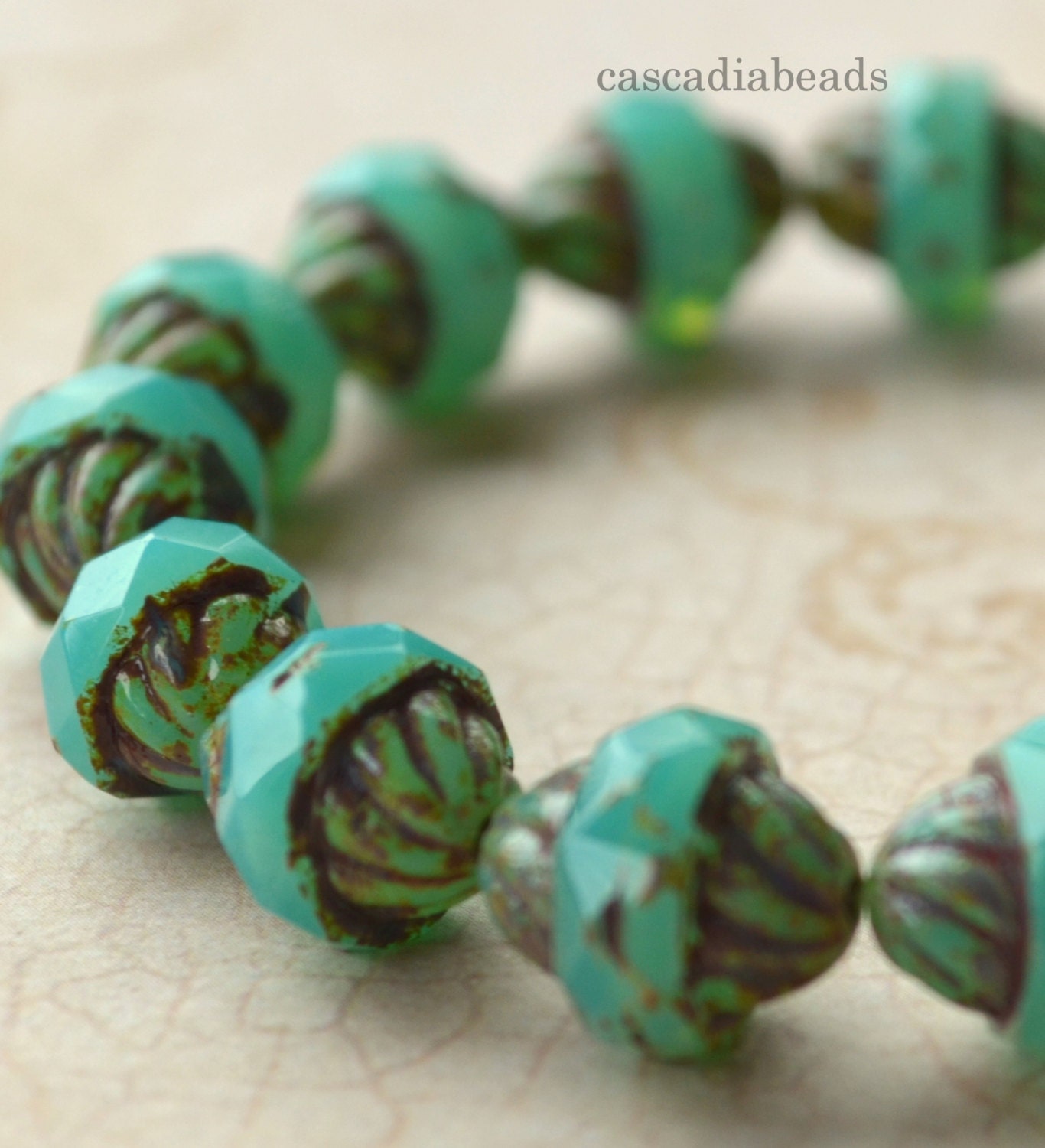 Czech Glass Bead - Turbine - Blue Green Opal Turquoise  - Picasso - 6 -11x10mm (cab-632)