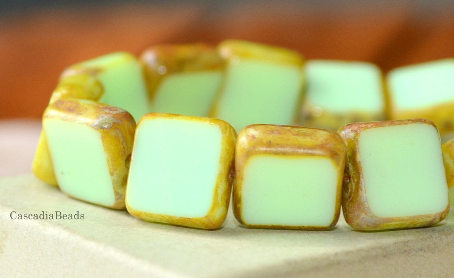Czech Glass Bead - Square - Lemon Grass Green - Picasso -6 - 10mm (cab-675)