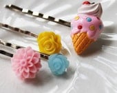 Set of 4 bobby pins with icecream cabochon and bright flowers to match Colorful and sweet