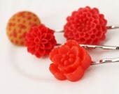 Set of 4 bobby pins with red and orange button and bright flowers to match Colorful and sweet picnic theme