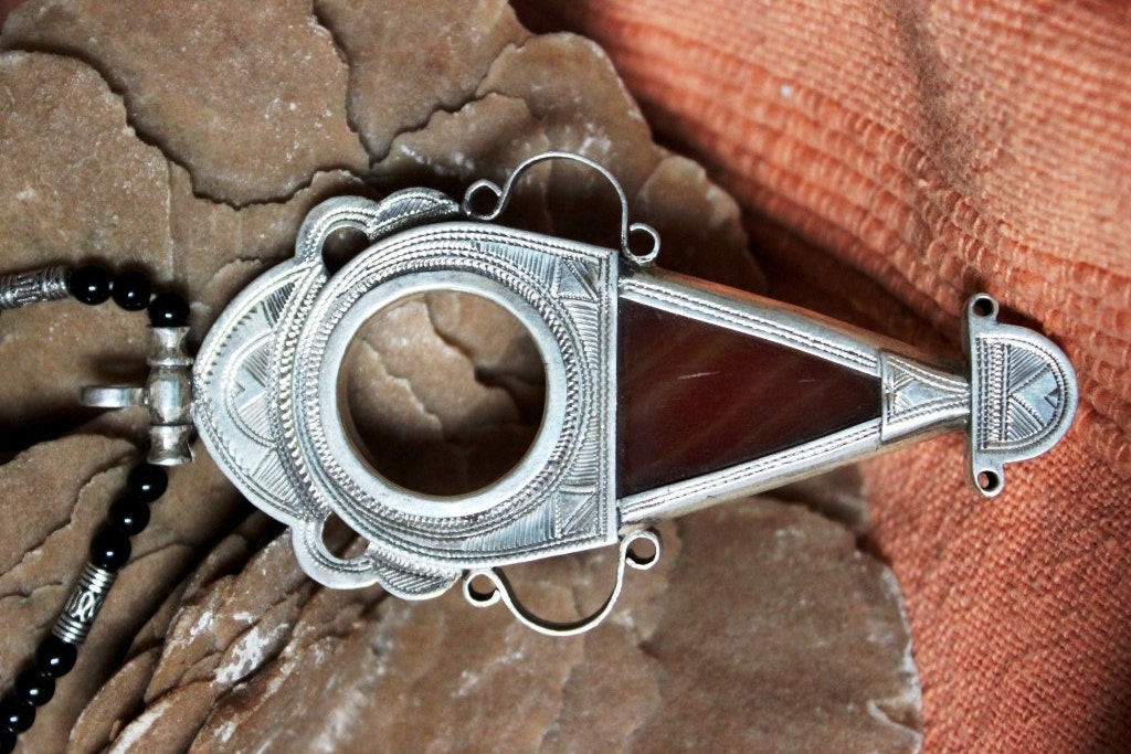 Tuareg Pure Silver Amulet with Agath Telhakimt or Tanfouk, and Tifinagh signs