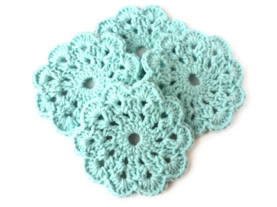 Light Blue Aqua Crocheted Flower Coasters - Set of Four