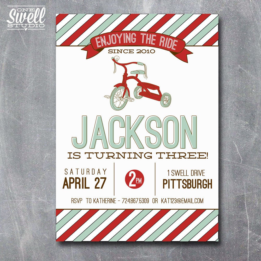 Vintage Inspired Bicycle or Tricycle Enjoying the Ride DIY Printable Birthday Invitation