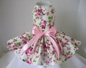 Dog Dress  XS  Cream with Pink Roses    By Nina's Couture Closet