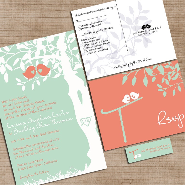 Mint Green and Coral Wedding Invitations - Custom Love Birdies Wedding Invitation Suite with RSVP postcards and address labels