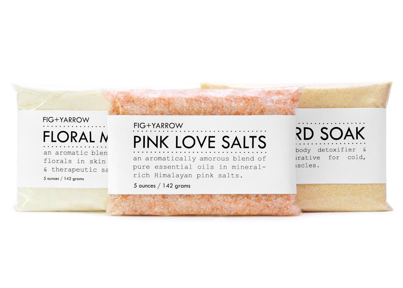 BATH TRIO - bundle of three 5 ounce packettes - Floral Milk Bath, Mustard Soak, Pink Love Salts - organic - handcrafted - apothecary