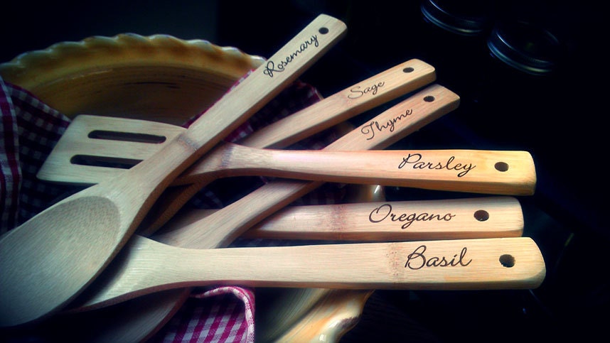 6 Piece Engraved Wooden Spoon Set For Cooking in the Kitchen and Foodies. "Green", renewable Bamboo Kitchen Utensils.