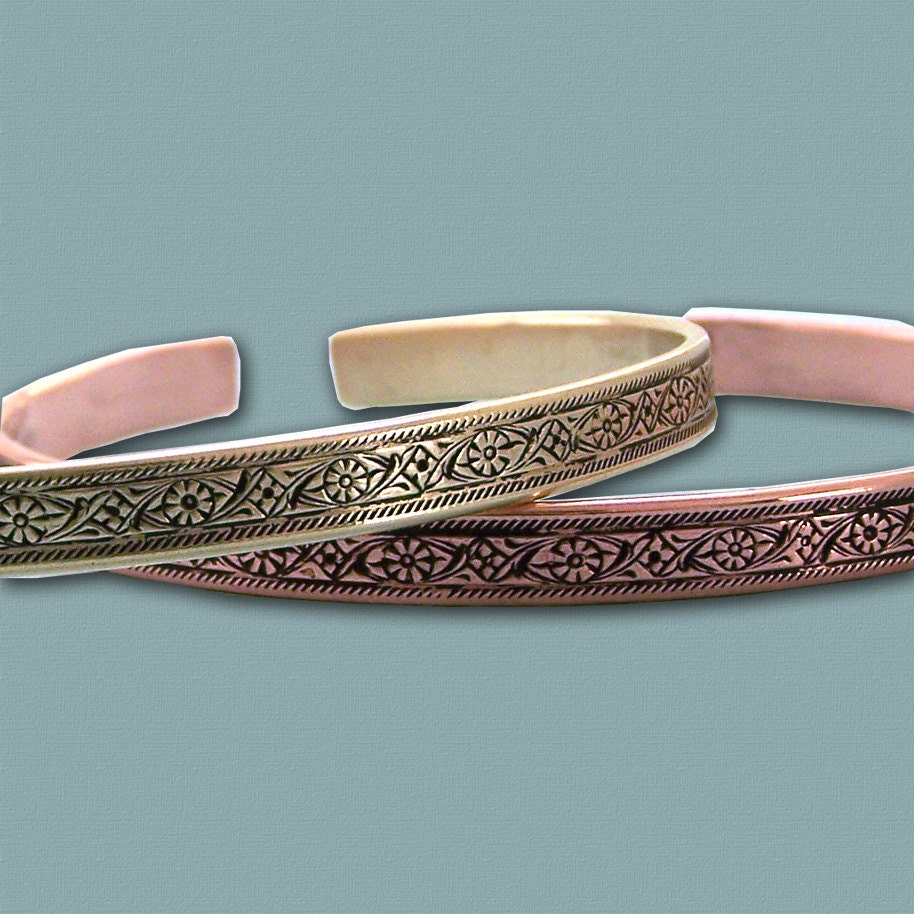 Brass and Copper Floral Pattern Stacking Cuff Bracelets - 5mm
