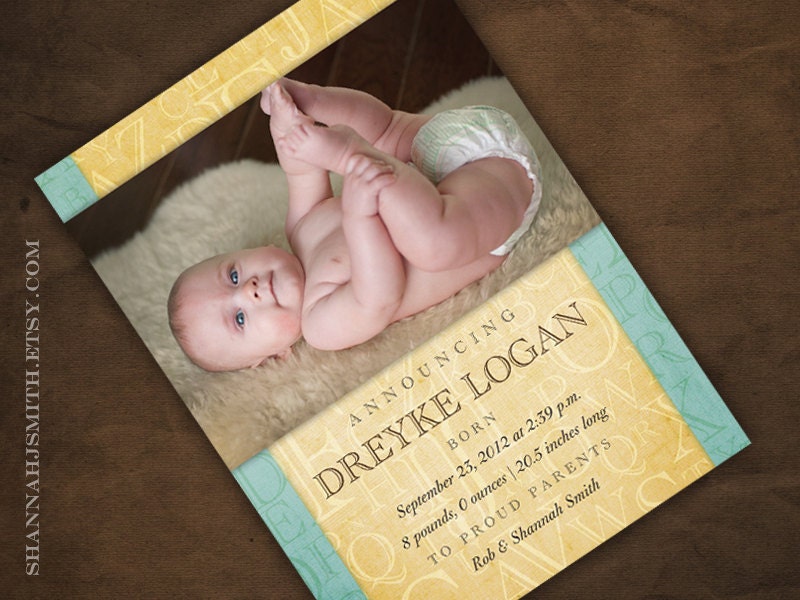 Alphabet Themed Birth Announcement Print Your Own Boy or Girl
