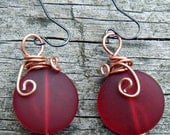The Red Sea  Ruby Red Sea Glass  Earrings.Red wire wrapped sea glass earrings  silver findings.