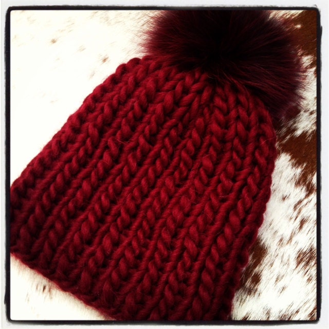 Oxblood alpaca beenie with very large fox pom pom