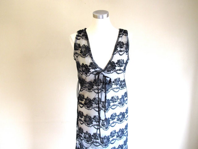 Sheer Lace Dress - Vintage. Romance. Flapper. Black. White. Deep-V-neck - Womens Dress