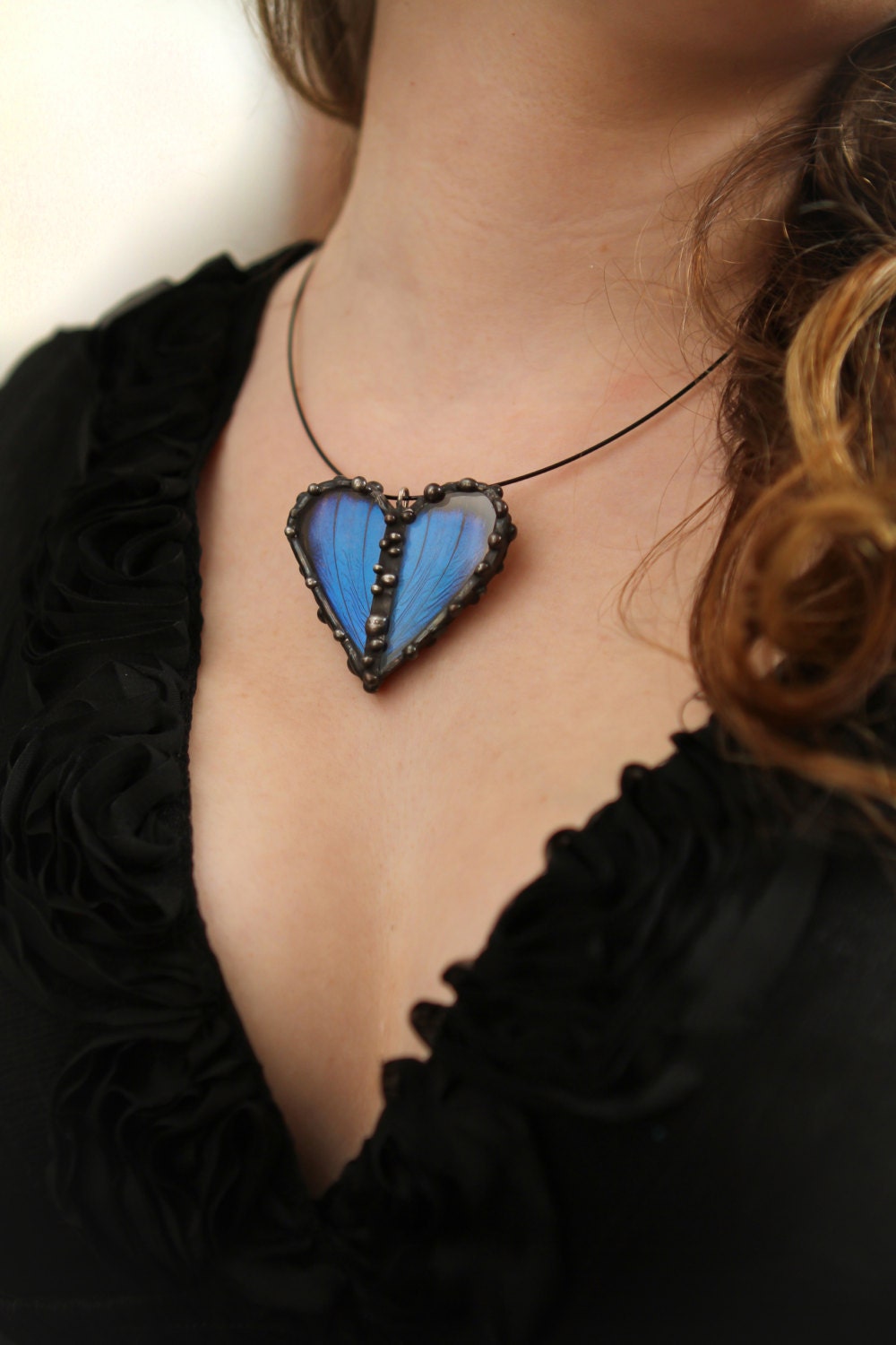 Real Butterfly Heart Pendant, Blue Morpho