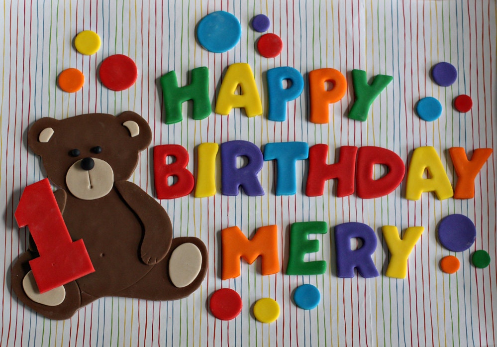 Fondant Teddy Bear, Polka Dot and Happy Birthday Message Cake Decorations Perfect for a Birthday Cake