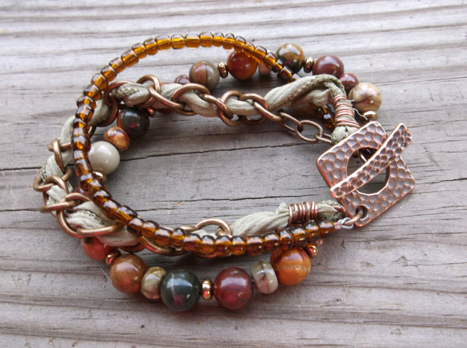 Red Creek Jasper, sage silk ribbon beaded three strand bracelet, mixed materials, unique jewelry