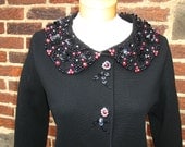 Vintage 60s / Mad Men / Black / Wool Knit and Sequin Skirt and Jacket / Sweater Suit / Peter Pan Collar / By Pacific Boutique New York
