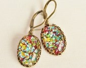 Vintage Fire Opal Earrings,Red Fire Opal Glass,Vintage Confetti Glass, Distressed Brass Crown Settings, Brass Leverback Earrings, Colorful