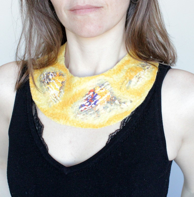 Nuno felted necklace nuno felted collar yellow orange blue