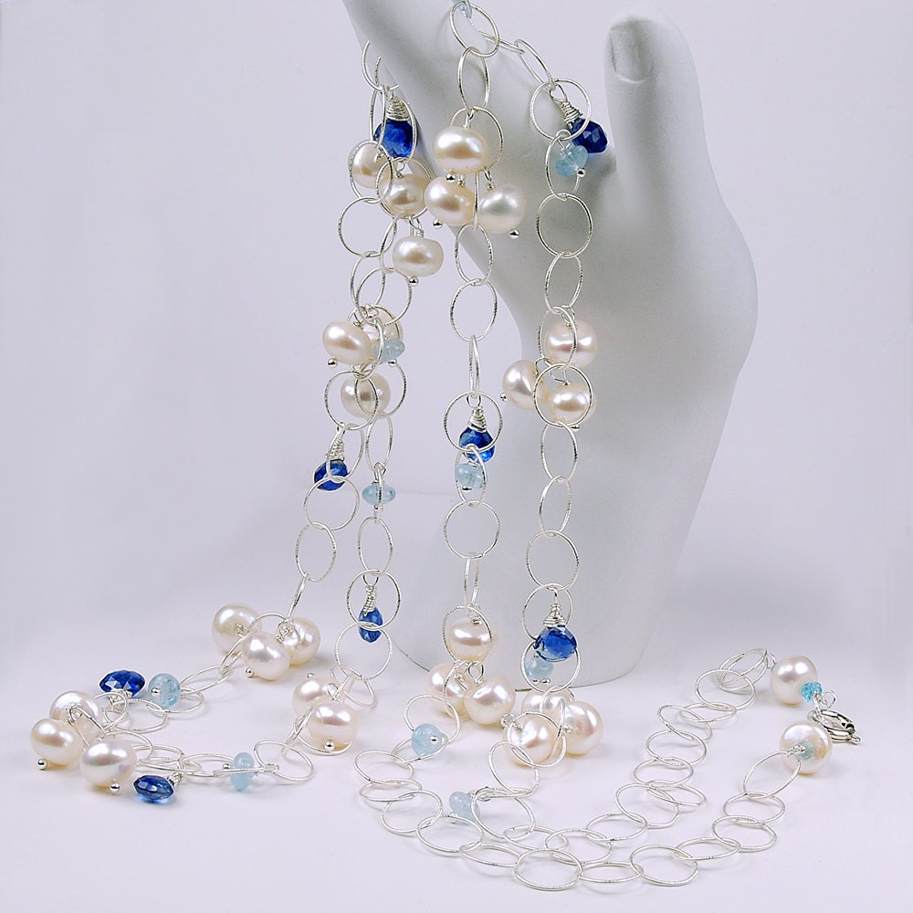 Kyanite, Moss Aquamarine, Pearl Sterling Silver Long Necklace, 36" inches Long  Gemstone Cluster Necklace