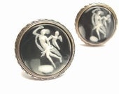 Antique cuff links, vintage Dante Incolay stone cuff links, black and white cuff links, cherub nude female, Father's day gift  for groom