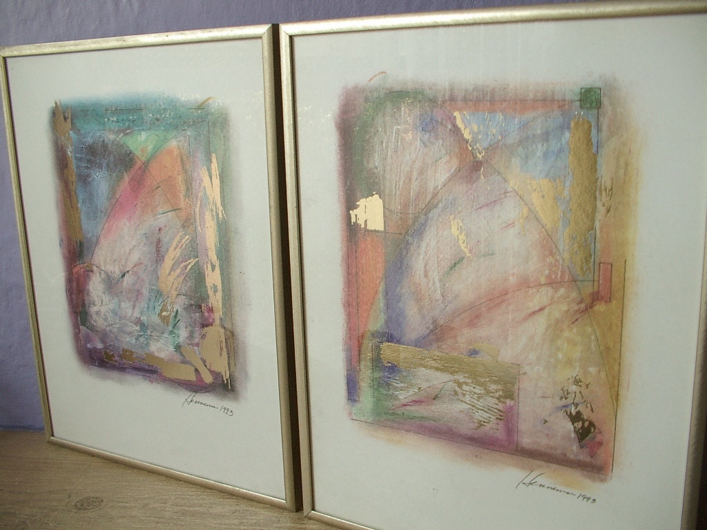 vintage abstract painting art prints framed pair, mixed media art, signed 1993, gold foil art, Pittsburgh