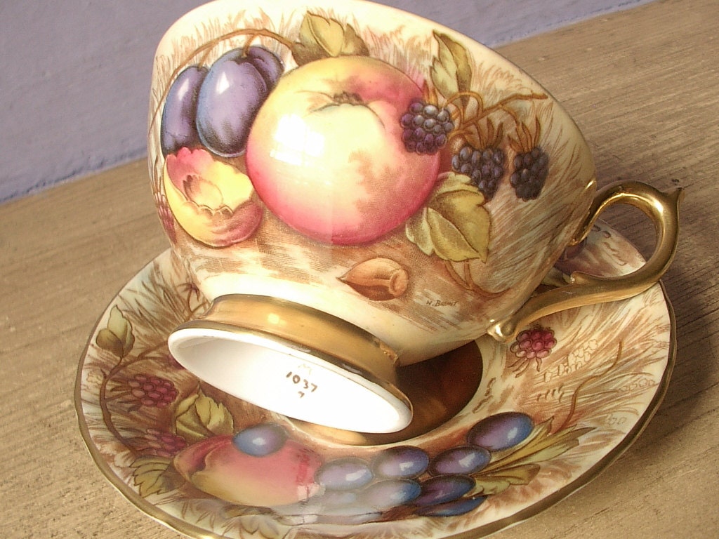 Antique Aynsley bone china fruit tea cup set, signed D. Jones N. Brunt, vintage English tea cup and saucer, summer tea, peaches grapes